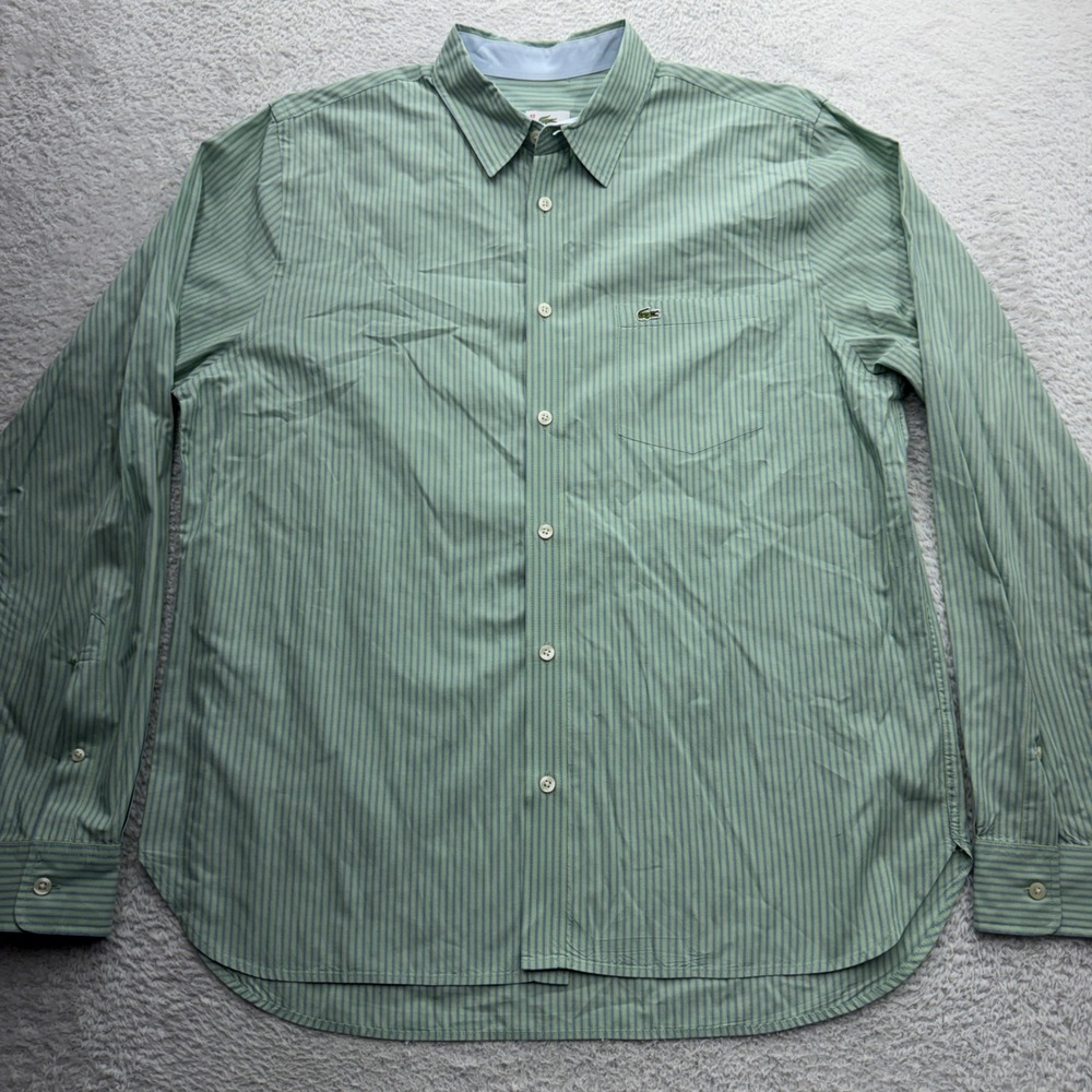 Lacoste Mens Regular Fit Striped Button Down Shirt Green Blue Cotton Size 42 L - Picture 2 of 9
